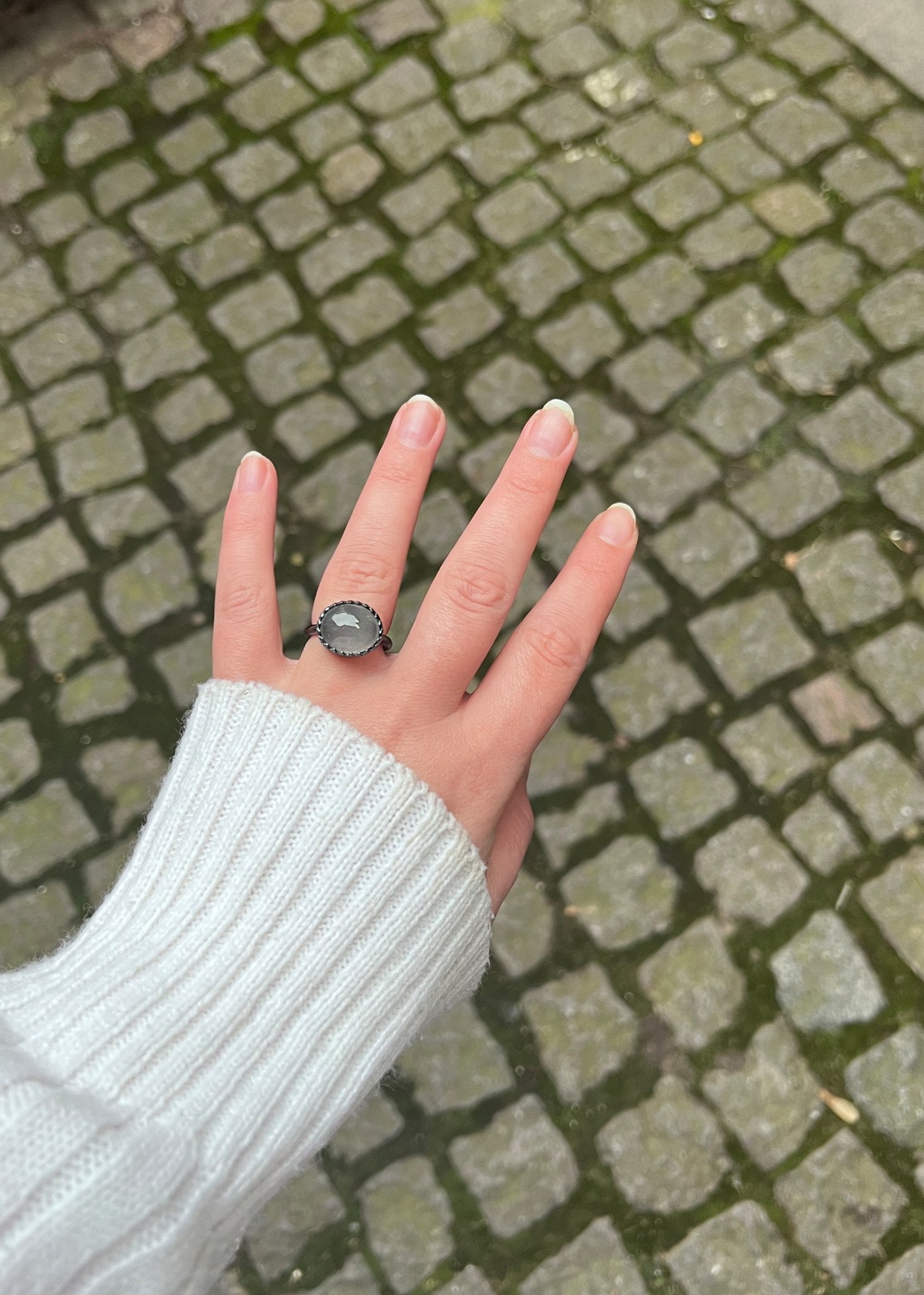 Ceos ring with Grey Moonstone - oxidised silver