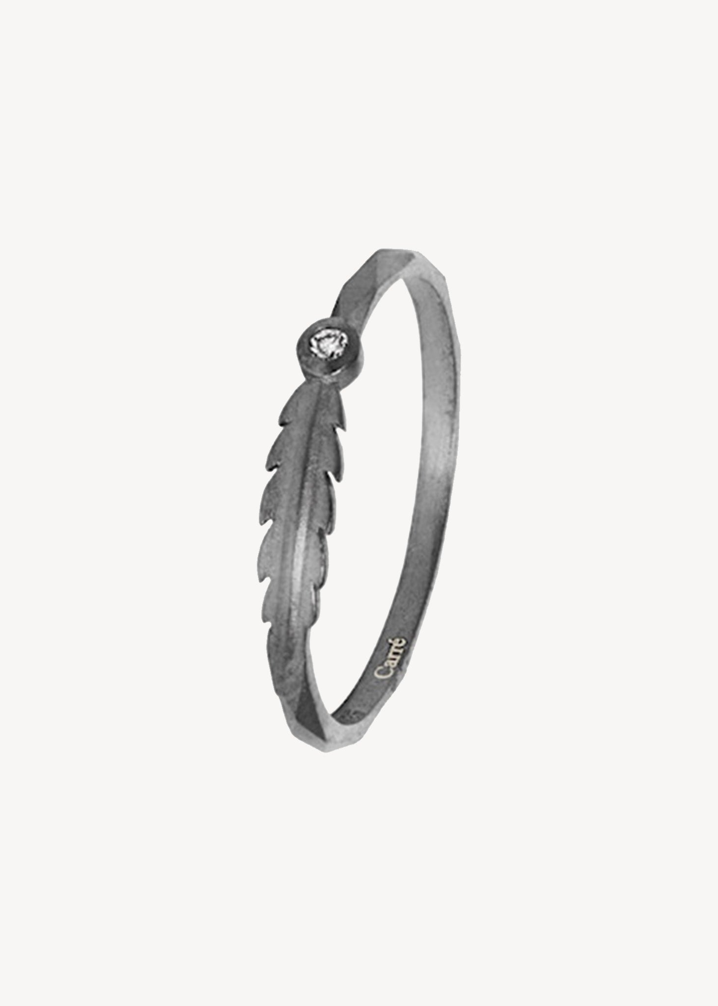 Feather ring with Diamond - oxidised silver