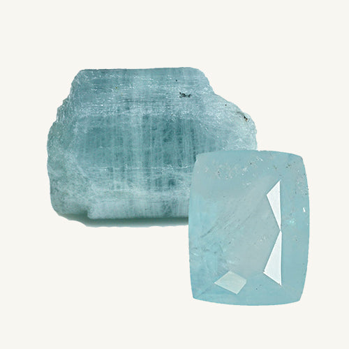 a facet-cut aquamarine and a raw aquamarine gemstone on a beige background