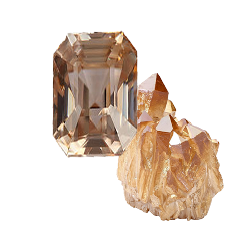 A facet-cut champagne quartz and a raw chamapagne quartz gemstone on an invisible background