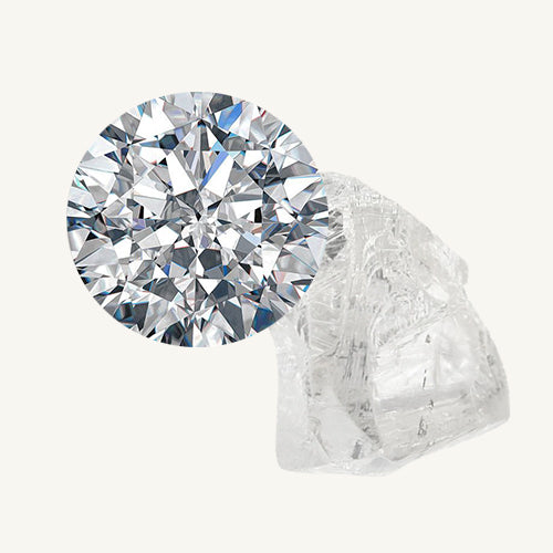 a brilliant-cut diamond and a raw diamond gemstone on a beige background