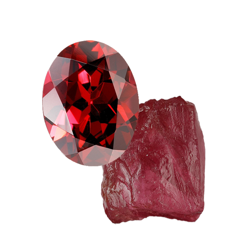 a facet-cut red garnet and a raw red garnet gemstone on an invisble background