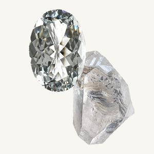 a facet-cut white topaz and a raw white topaz gemstone on a beige background