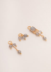 three gold plated charms for hoops set with long strings of labradorite gemstones