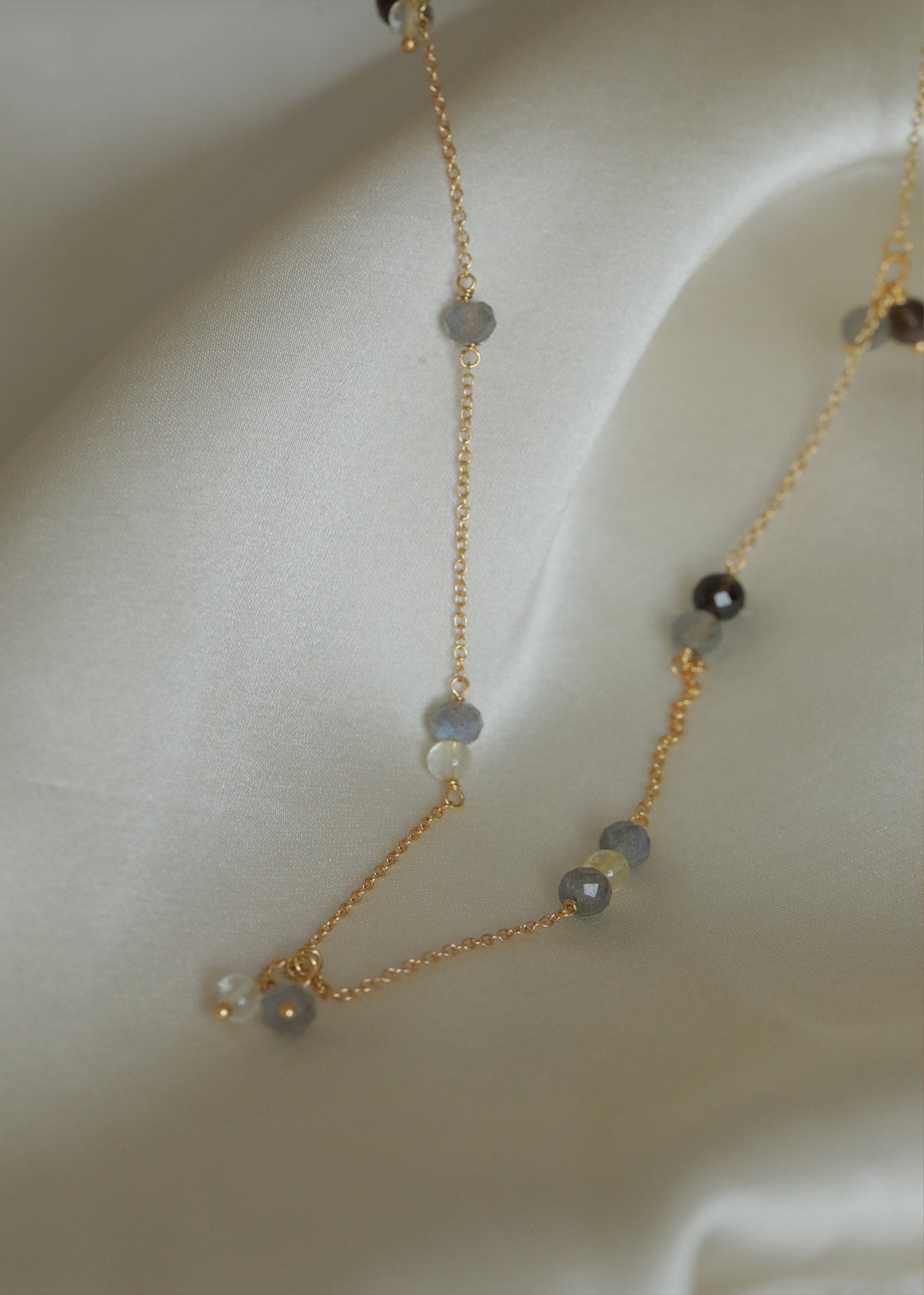 Eiffel necklace with Labradorite, Golden Rutile Quartz and Smokey Quartz - gold plated