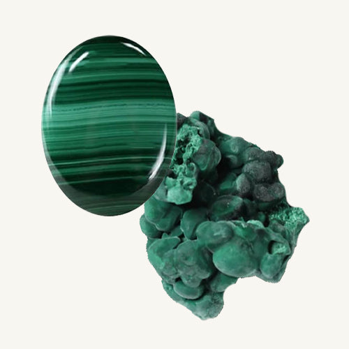 a cabochon-cut malachite and a raw malachite gemstone on a beige background