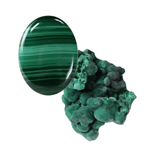 a cabochon-cut malachite and a raw malachite gemstone on an invisble background