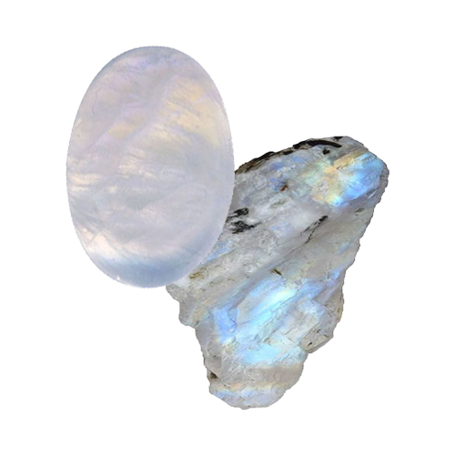 a cabochon-cut moonstone and a raw moonstonegemstone on an invisble background