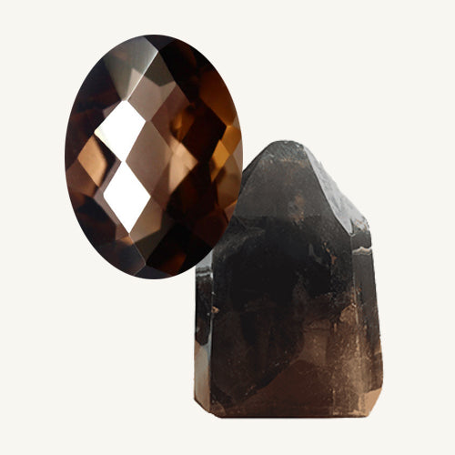 A facet-cut smokey quartz and a raw smokey quartz gemstone on a beige background