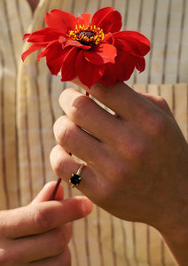 a young man with a flower and a gold plated ring from carré with a black agate gemstone