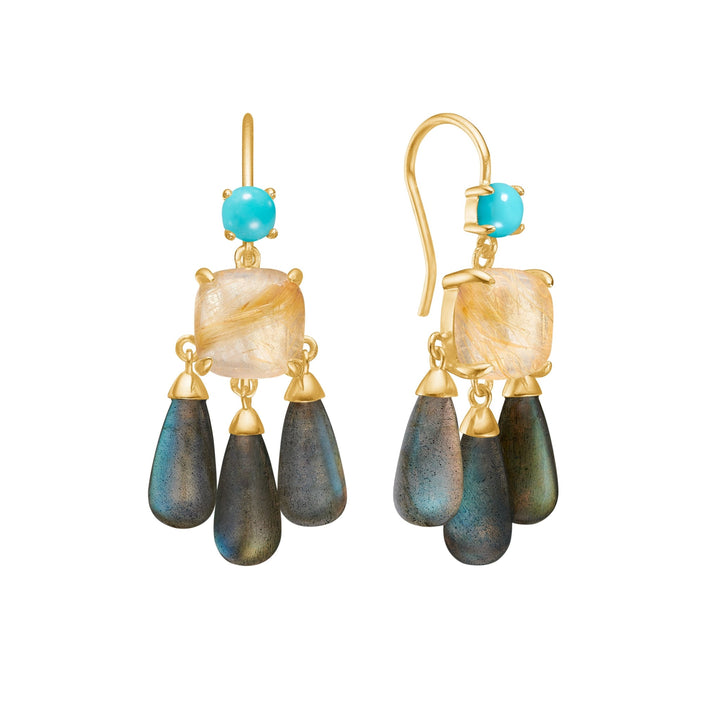 Nadia earrings with Turquoise, Golden Rutile Quartz and Labradorite - gold plated
