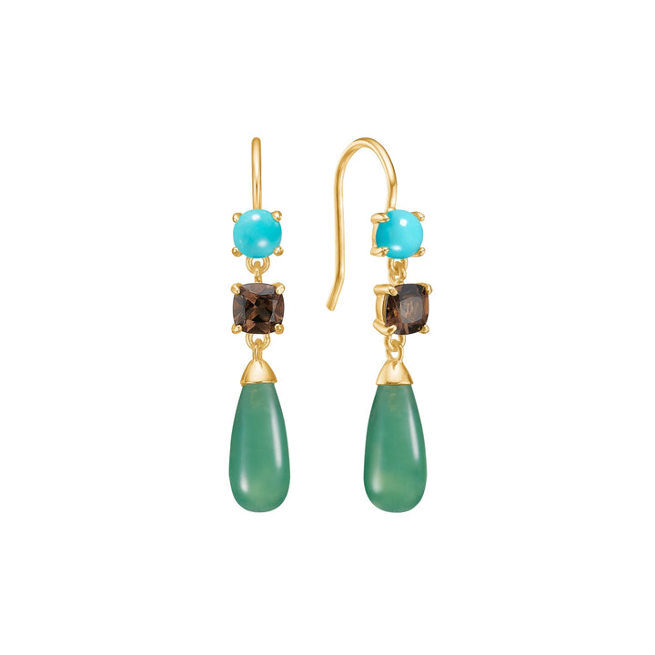 Panthea earrings with Turquoise, Smokey Quartz and Green Agate - gold plated