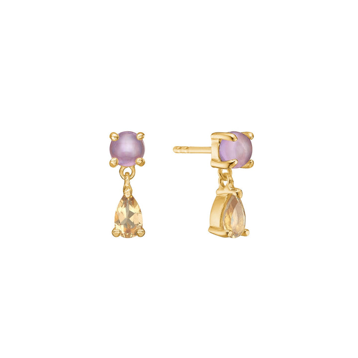 Sonia ear studs with Amethyst and Champagne Quartz - gold plated