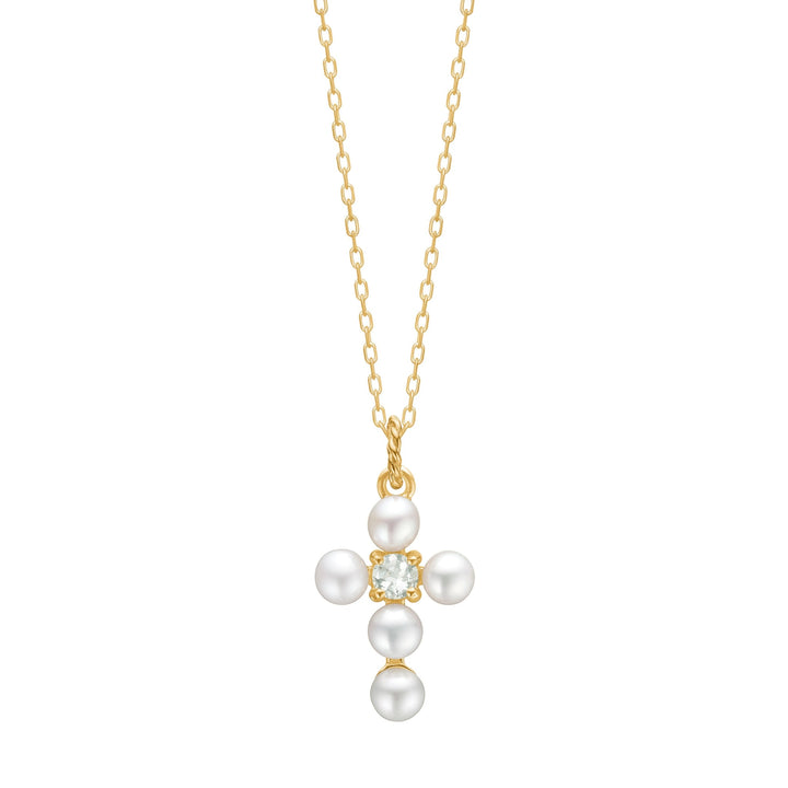 Cross pendant with Prasiolite and Pearl - gold plated