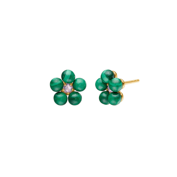 Flower ear studs with Amethyst and Malachite - gold plated