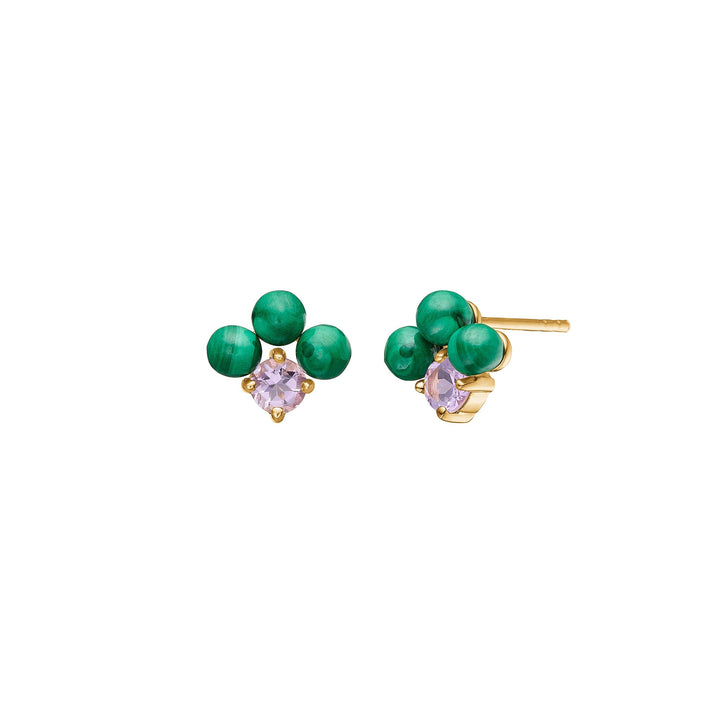 Anemone ear studs with Amethyst and Malachite - gold plated