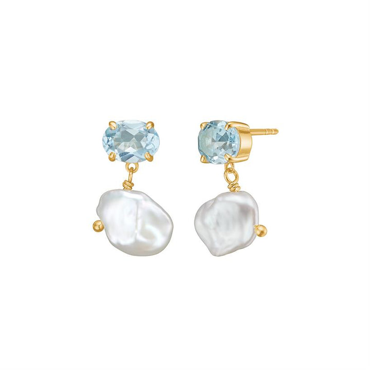 Mira ear studs with Blue Topaz and Keshi Pearl - gold plated