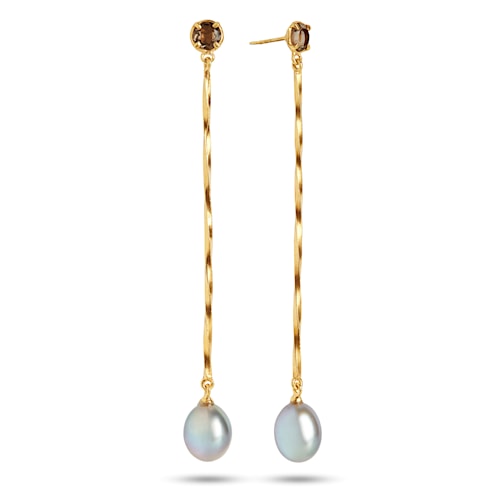 Amié ear studs with Smokey Quartz and Grey Pearl - gold plated