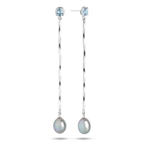 Amié ear studs with Blue Topaz and Grey Pearl - silver